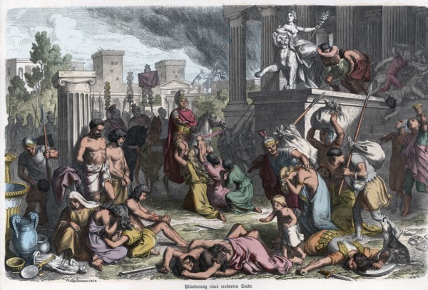 Plunder by the Romans of an enemy city, engraving 1868.