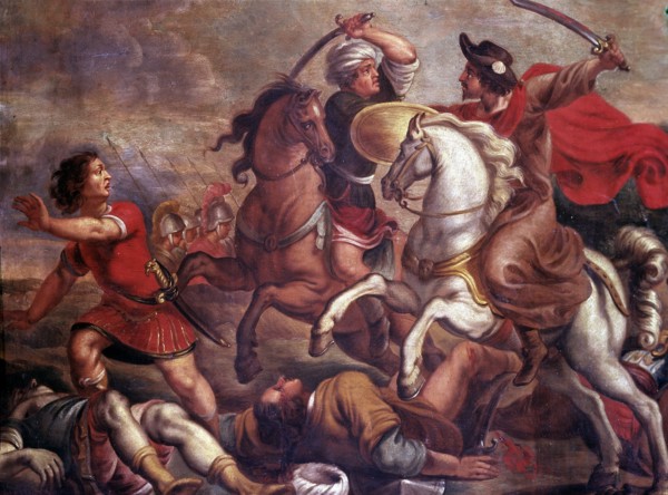 Santiago 'The Elder', disciple of Jesus and one of the 12 Apostles, battle of Clavijo, oil on cop?