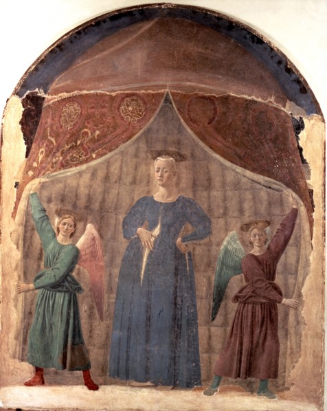 Madonna of Birth' painting by Piero della Francesca, fresco in the cemetery of Monterchi.