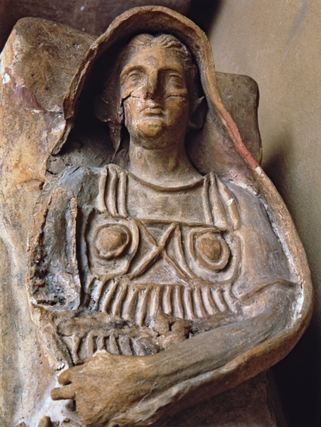 Etruscan terracotta sarcophagus with the image of the deceased, detail.