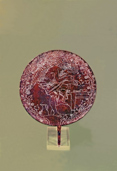 Chalcas Aruspex examining a liver, representation in a bronze mirror.