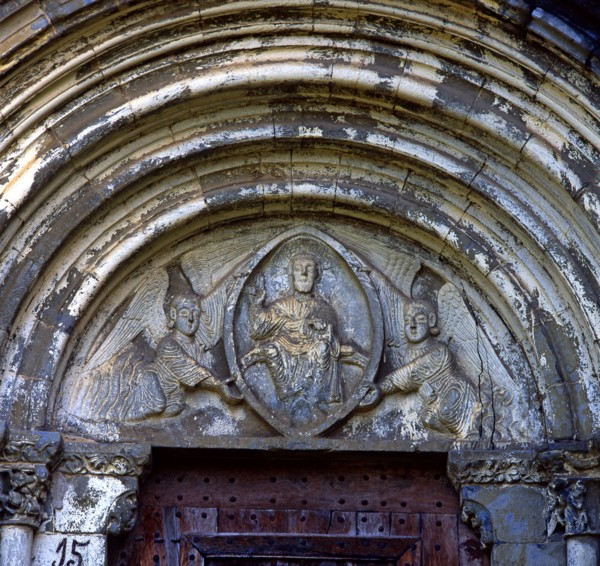 Church of Our Lady of Baldos in Montañana (Huesca), detail of main portal with tympanum carved wi?