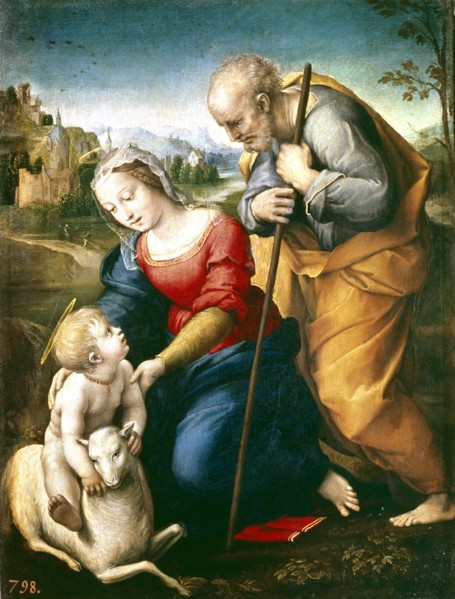 Holy Family of the lamb', 1507, Oil on table by Raphael.