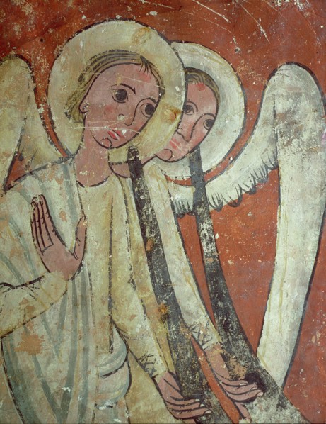 Mural of a sepulchral monument from San Pablo de Casserres, representing angels with long trumpet?