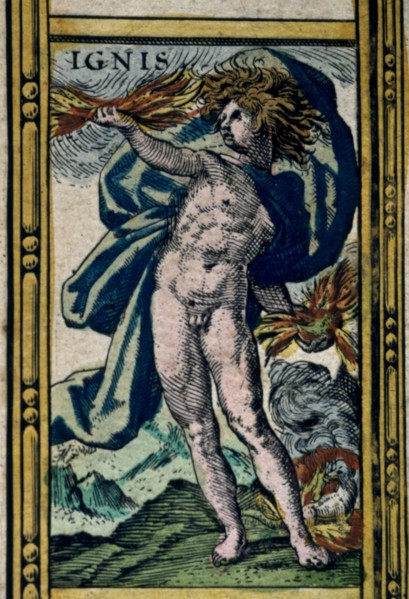 'Fire', coloured engraving from the book 'Le Theatre du monde' or 'Nouvel Atlas', 1645, created,?