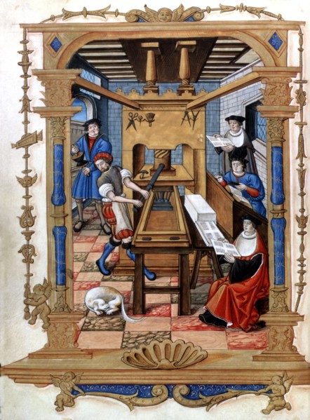 Interior of a printing house, miniature of 'Cantos reales sobre la Concepción' (Royal Songs on th?