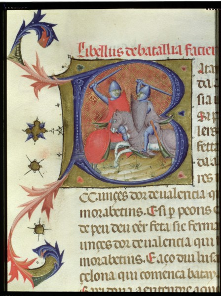 Llibre Verd, book of the city of Barcelona. 'Fight between knights', miniature decorating the ini?