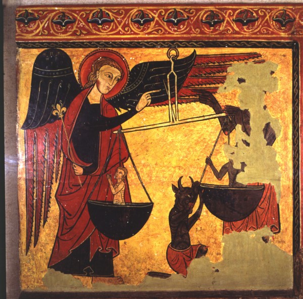 Saint Michael weighing souls and demon trying to appropriate them. Painting on wood, board from a?
