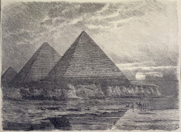 Pyramids of Egypt, German engraving from 1886, is one of the seven wonders of the world..