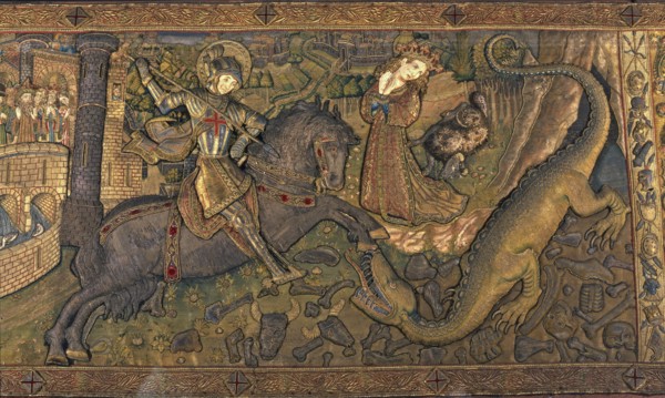 Frontal of Saint George, in linen embroidered fabric, years 1450-1451.