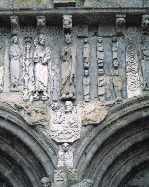 Santiago Cathedral, dated from 1103, detail of the figures of Salvador and Santiago Apostle on th?