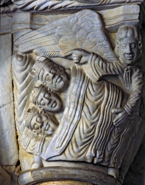 Capital in the left part of the Cloister of the Cathedral of Tarragona representing the Magi lyin?
