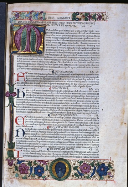 Natural History, an illuminated page of the Venice edition of 1478, a work by Pliny the Elder.