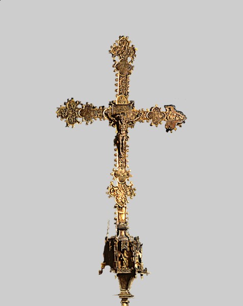Processional cross, front, made of gilded silver, wood and glazed plates, from the Church of Sant?