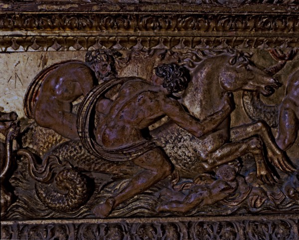 Frieze in polychromed wood, with mythological scenes belonging to the main altar of the Cathedral?