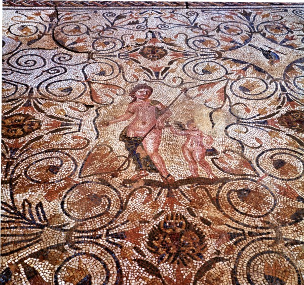 Mosaic, detail of the mosaic in a room of the Roman house in Merida Amphitheater.