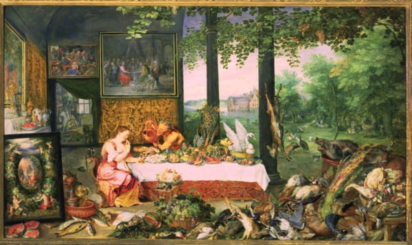 The Taste', represented by a nymph eating at a table stocked with various delicacies while a saty?