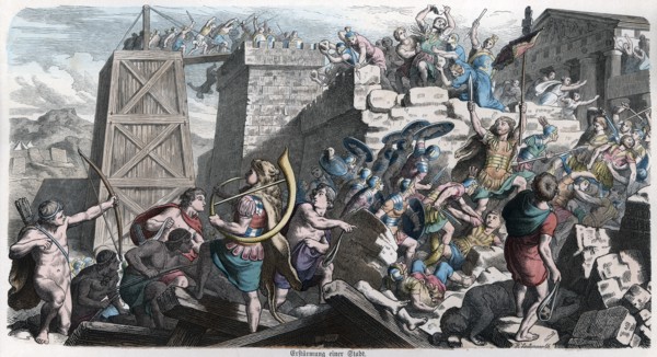 Ancient History. Rome. Romans assaulting a city. German engraving, 1865.