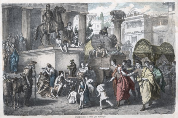 Ancient History. Rome. Scene in a Roman street. German engraving, 1865.
