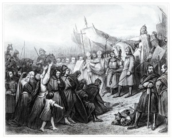 Charlemagne receive the submission of Wittekind in the year 785. Engraving from 1853.