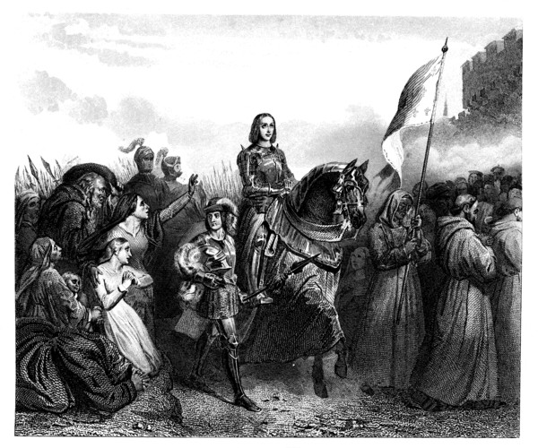 Joan of Arc (1412-1431) entering Orleans on May 18, 1429, engraving from 1853.