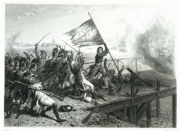 Napoleon Bonaparte on the Bridge of Arcole in the Italian campaign, November 1796, defeating the ?
