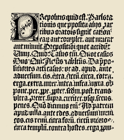 Text page of the Donato Grammar from 4th century, printed by Gutenberg in 1460. Wood engraving fr?