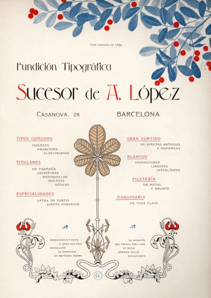 Modernist advertising for the Fundición Tipográfica de A. Lopez, Barcelona, 1900.