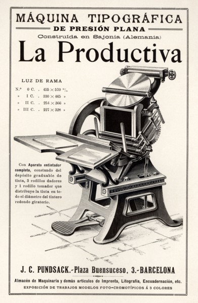Advertising of the typography machine 'La Productiva'. Barcelona, 1900.