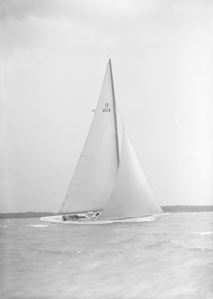 The US built 12 Metre 'Vim' sailing close-hauled, 1939. Creator: Kirk & Sons of Cowes.