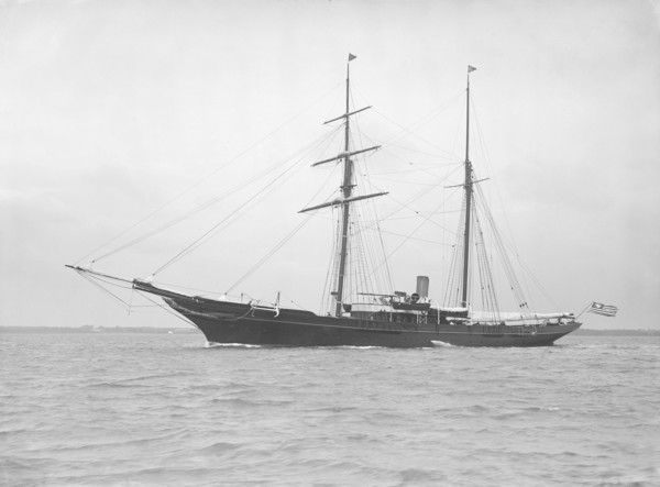 The auxiliary schooner 'Xarifa' at anchor, 1912. Creator: Kirk & Sons of Cowes.