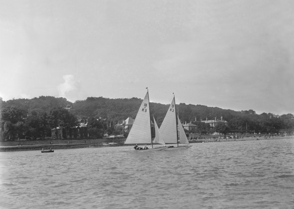 The 18-foot keelboats 'Vanity' (K5) and 'Prudence' (K2) racing, 1922. Creator: Kirk & Sons of Cowes.