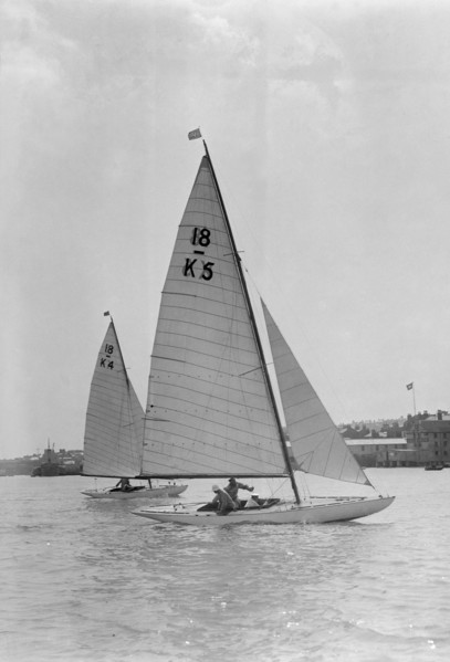 The 18-foot keelboats 'Vanity' (K5) and 'Asphodel' (K4) racing, 1922. Creator: Kirk & Sons of Cowes.