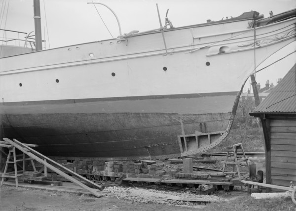 The steam yacht 'Priscilla' on slips, 1912. Creator: Kirk & Sons of Cowes.