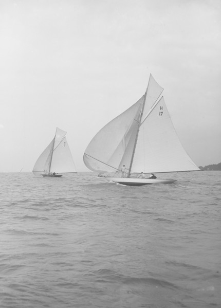The 8 Metre 'Ierne' & 'Gundred' racing downwind, 1913. Creator: Kirk & Sons of Cowes.