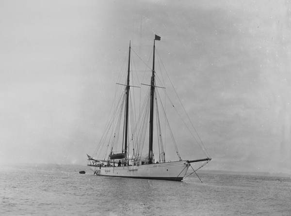 The schooner 'Dwyn-Wen' at anchor, 1920. Creator: Kirk & Sons of Cowes.