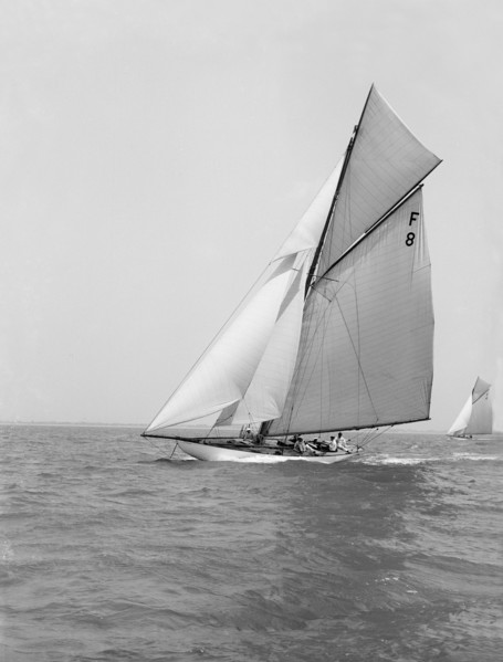 The 10 Metre class 'Pampero' (F8) sailing close-hauled, 1914. Creator: Kirk & Sons of Cowes.