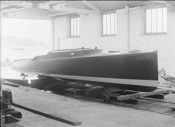 Saunders' motor launch on slipway, 1914. Creator: Kirk & Sons of Cowes.