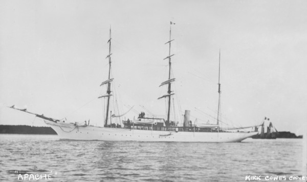 The three masted auxiliary barque 'Apache'. Creator: Kirk & Sons of Cowes.
