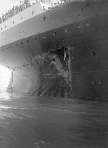 Hole torn in the hull of 'RMS Olympic' after the collision with 'HMS Hawke' in the Solent, 1911. Creator: Kirk & Sons of Cowes.