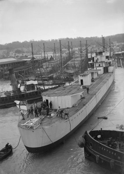 Launch of unknown ship at Samuel J. White's shipyard. Creator: Kirk & Sons of Cowes.
