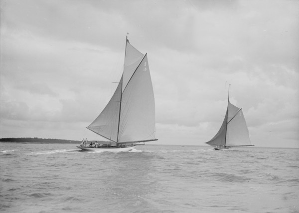 The racing cutters 'The Lady Anne' and 'Istria' running downwind, 1912. Creator: Kirk & Sons of Cowes.
