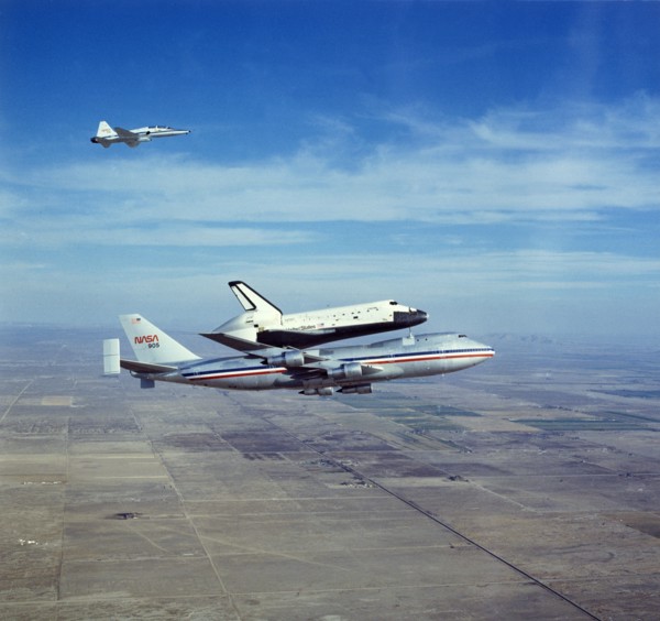 Space Shuttle Orbiter 'Columbia' on Boeing 747 Shuttle Carrier, 1980s. Creator: NASA.