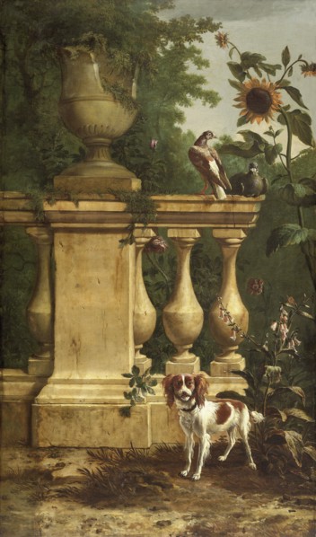Pigeons and a dog in a garden, c1660-1690. Creator: Melchior d'Hondecoeter.