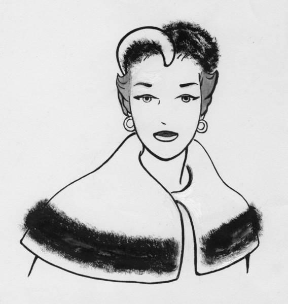 Woman with fur-trimmed cape and matching hat, c1950. Creator: Shirley Markham.
