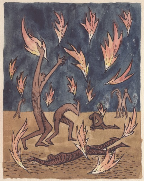 Flames raining down, 1951. Creator: Shirley Markham.