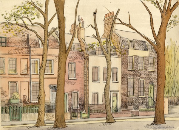 Street scene with trees, c1950. Creator: Shirley Markham.