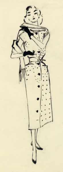 Woman in spotted dress, c1950. Creator: Shirley Markham.