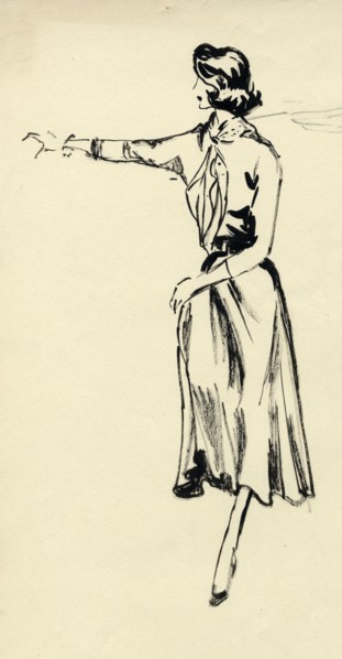 Woman in full skirt with outstretched arm, c1950. Creator: Shirley Markham.