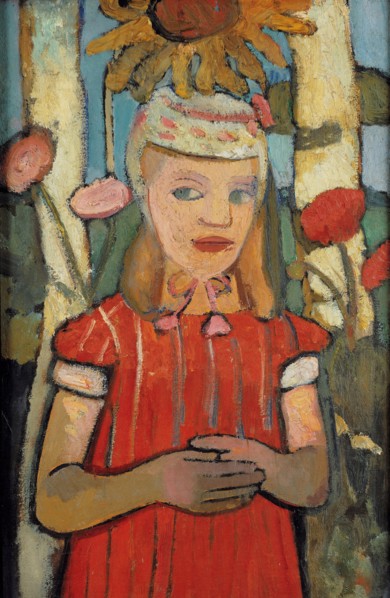Girl in red dress in front of sunflower, 1907.